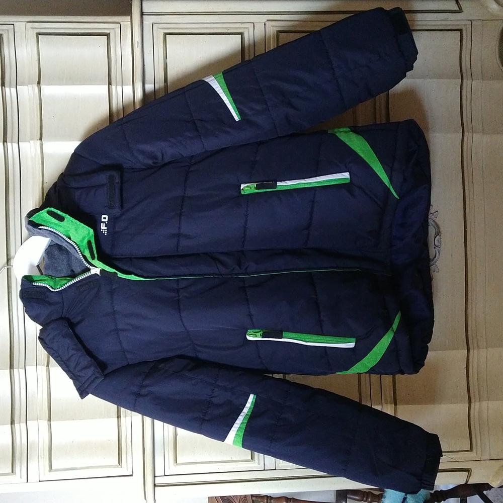 London Fog Boys Hooded Puffer Jacket Black w Lime Green Sz 14/16
